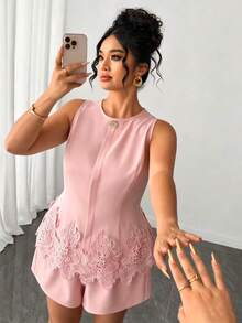 SHEIN Clasi Plus Size Women's Elegant Dusty Pink Hemline Patchwork Lace Button Decor Shirt, Summer 2-Piece Set Dyed Tank Top, Sleeveless Party Formal Evening Prom - Pink - View 3