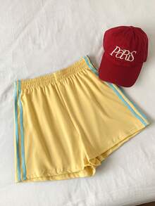 Comfortcana Plus Size Fashion Striped Side Color Block Casual Shorts - Yellow - View 1