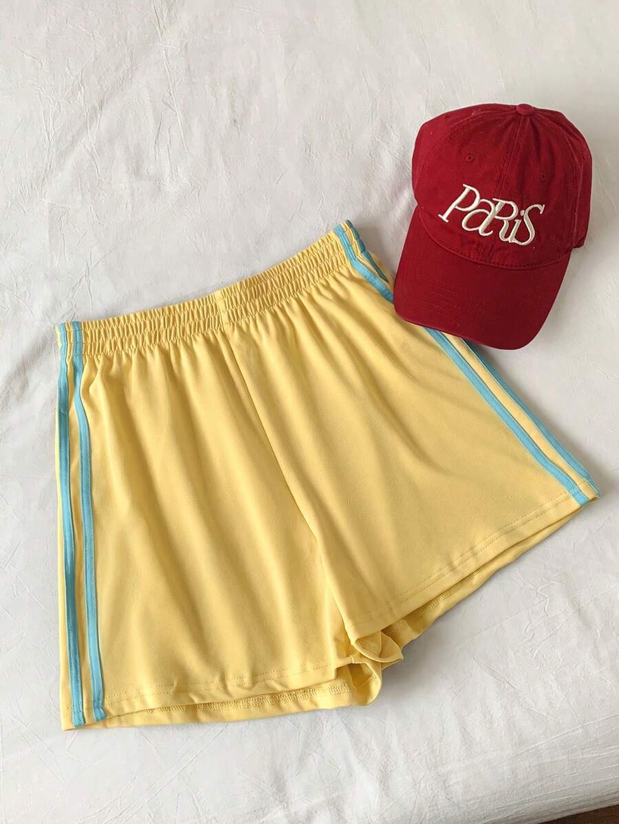 Comfortcana Plus Size Fashion Striped Side Color Block Casual Shorts - Yellow - View 1