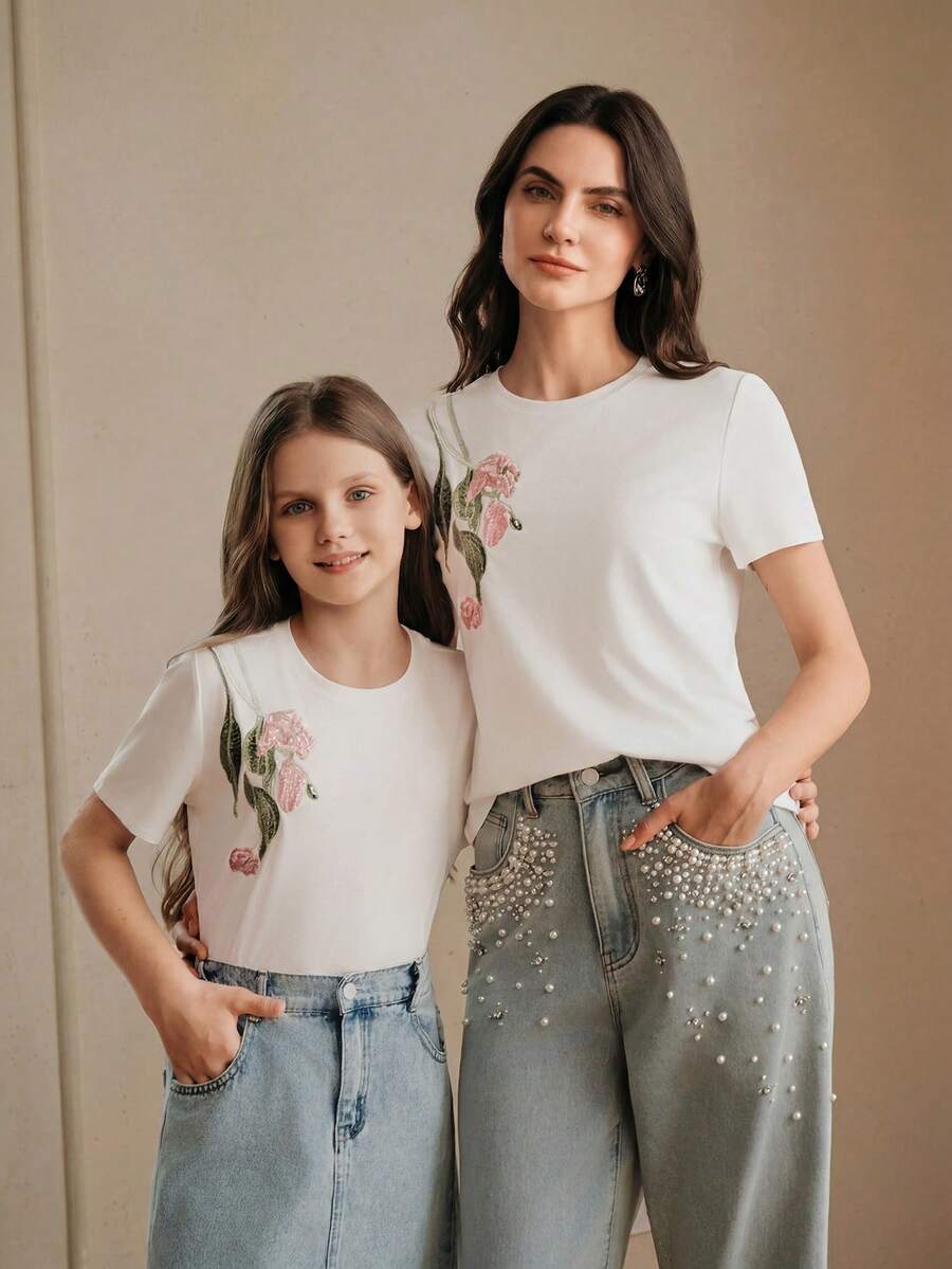 Anewsta Tween Girl New Spring/Summer Floral Print Sequin Embroidered T-Shirt - White - View 1