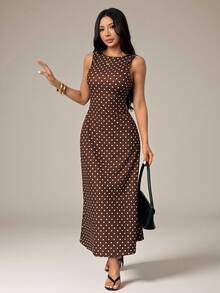 SHEIN PETITE Women's Elegant Vintage Polka Dot Print Backless Tie-Waist Sleeveless Dress, Summer Long Brown And White Polka Dot Split Sundress, Petite Vacation - Brown - View 7