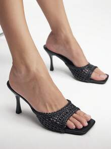 Mnmlis Fashion Word With Open Toe Simple Texture Woven Texture Holiday Versatile Elegant High Heeled Sandals - Black - View 4