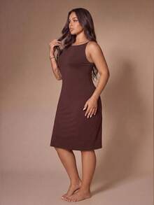 Lazeform Plus Size Women's Brown Summer Square Neck Spaghetti Strap Nightgown,Soft High Stretch Knit Fabric Fitted Slimming Sleeveless Camisole Casual Wear - Brown - View 6