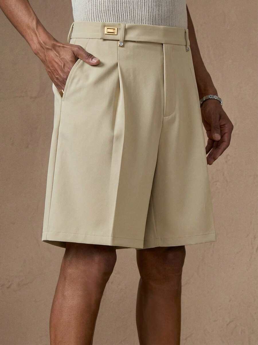 AKNOTIC Celana Pendek Bermuda Pria Warna Krem, Potongan Longgar & Penutup Kancing. Kain Campuran Linen Ringan, Saku Samping. Sempurna Untuk Liburan Pantai & Gaya Musim Panas. - Khaki - View 1