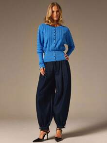 COSMINA Women's Elegant Ribbed Texture Blue Knit Sweater - Royal Blue - View 4