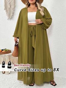 SHEIN CURVE+ 大尺碼女款純色抹胸背心、純色晨袍與鬆緊腰寬腿褲休閒日常套裝，適合秋季 - 綠色 - 查看 1