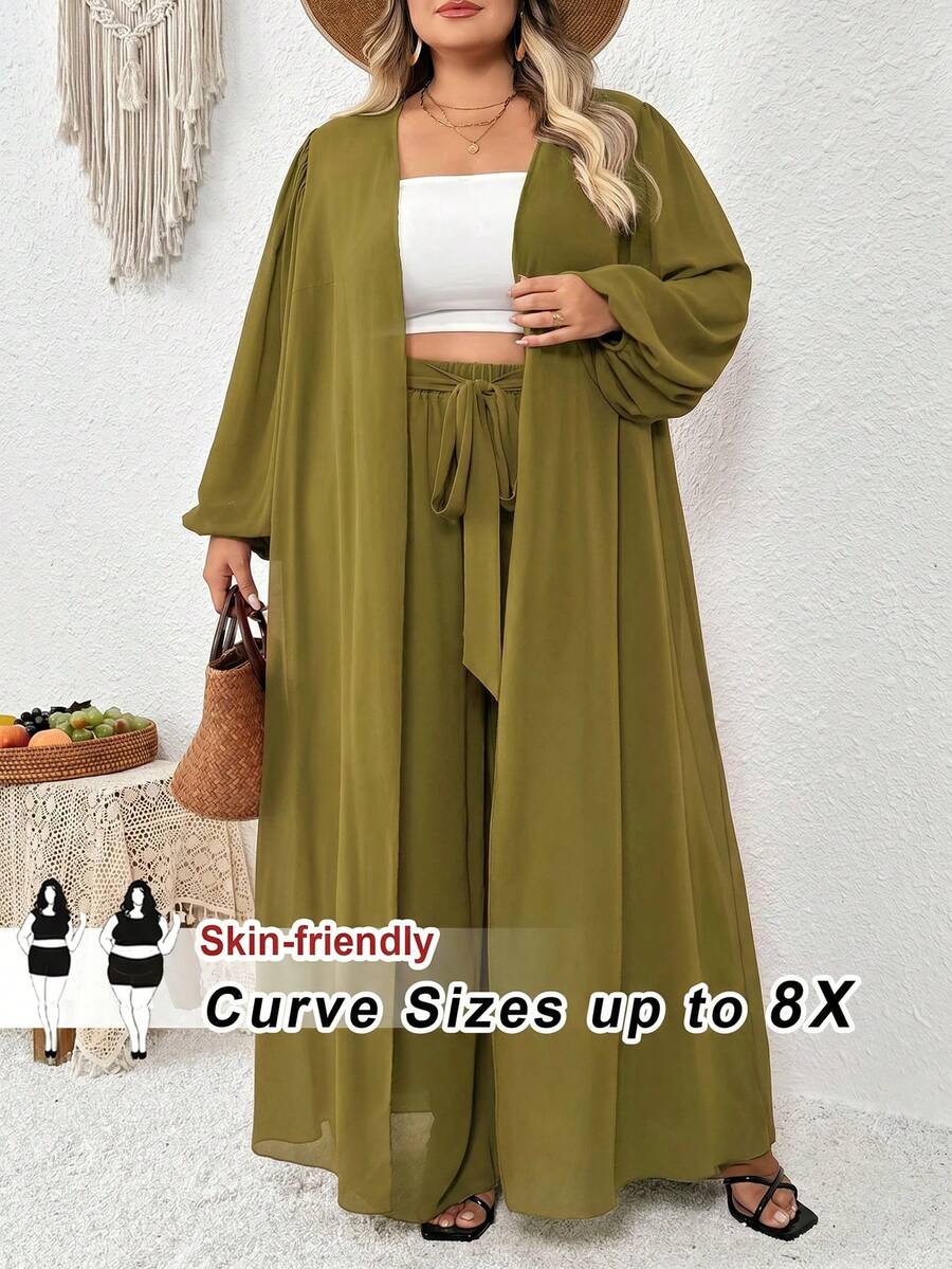 SHEIN CURVE+ 大尺碼女款純色抹胸背心、純色晨袍與鬆緊腰寬腿褲休閒日常套裝,適合秋季 - 綠色 - 查看 1