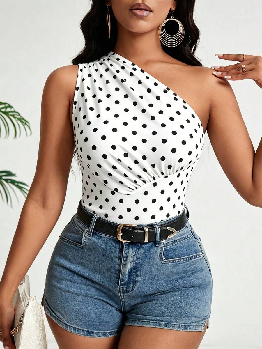 VaVaBold Women's Polka Dot One Shoulder Ruched Fitted Versatile Daily Casual Top - Black and White - View 1