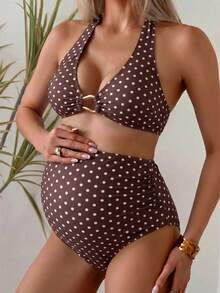 Swim Vcay Maternity Polka Dot Print Swimsuit Set Beach Summer - Multicolor - View 4