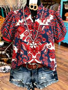 Linhara Plus Size Women's Vacation Puff Sleeve V-Neck Casual Boho Holiday Print Blouse, Spring Summer Vintage Top, Navy Blue - Multicolor - View 1