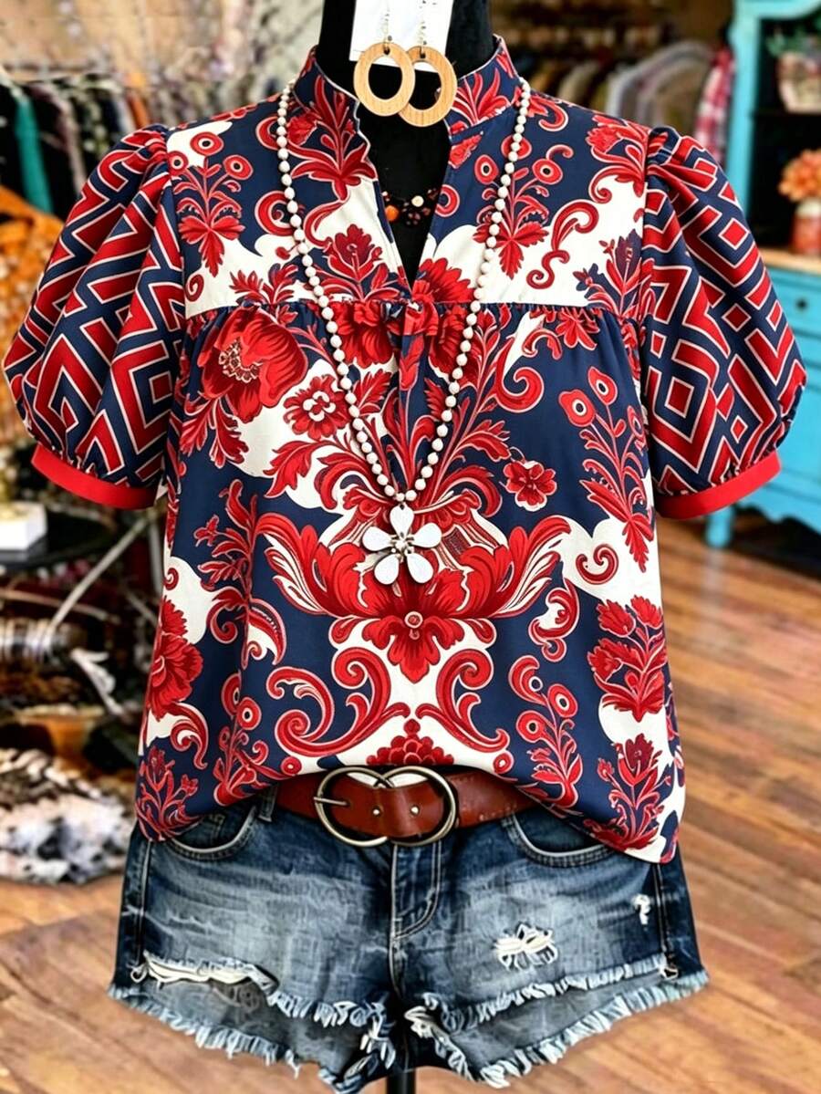 Linhara Plus Size Women's Vacation Puff Sleeve V-Neck Casual Boho Holiday Print Blouse, Spring Summer Vintage Top, Navy Blue - Multicolor - View 1