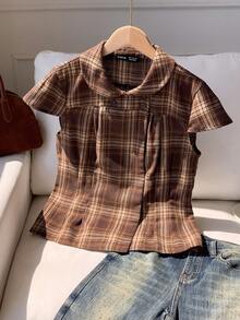 Comfortcana Women's Plaid Peter Collar Cap Sleeve Casual Vintage 70s 90s French Preppy Blouse Back-To-School Brown Checkered Summer Graduation School Teacher Tops - Coffee Brown - View 5