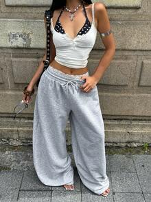 Coolane 女款夏季街頭風外出休閒套裝，寬鬆彈性腰帶舒適灰色彎刀褲 - 灰色 - 查看 5