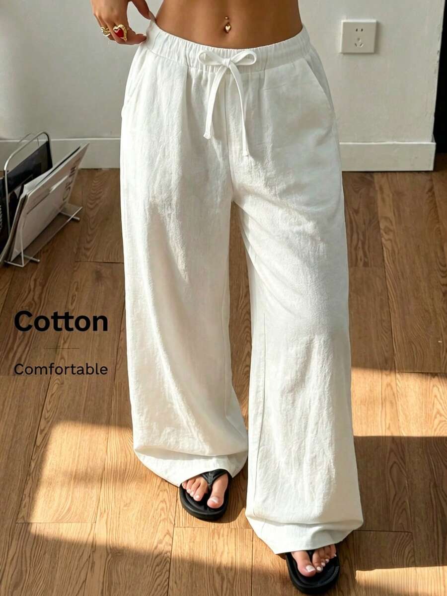 SHEIN 青少年(女孩)春夏休闲沙滩度假日常100%纯棉宽松带口袋长裤 - 白色 - 查看 1