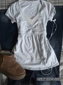 IslaSuriya French Style 2 In 1 Lace Trim Pleated Short Sleeve Top - Light Grey - View 1