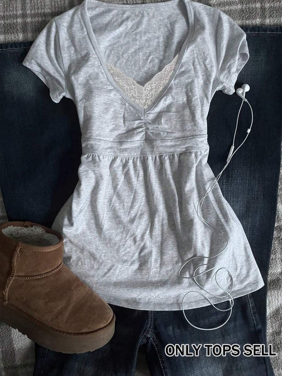 IslaSuriya French Style 2 In 1 Lace Trim Pleated Short Sleeve Top - Light Grey - View 1