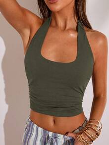 SHEIN BAE 女款純色短版修身休閒掛脖背心上衣 - 軍綠色 - 查看 7