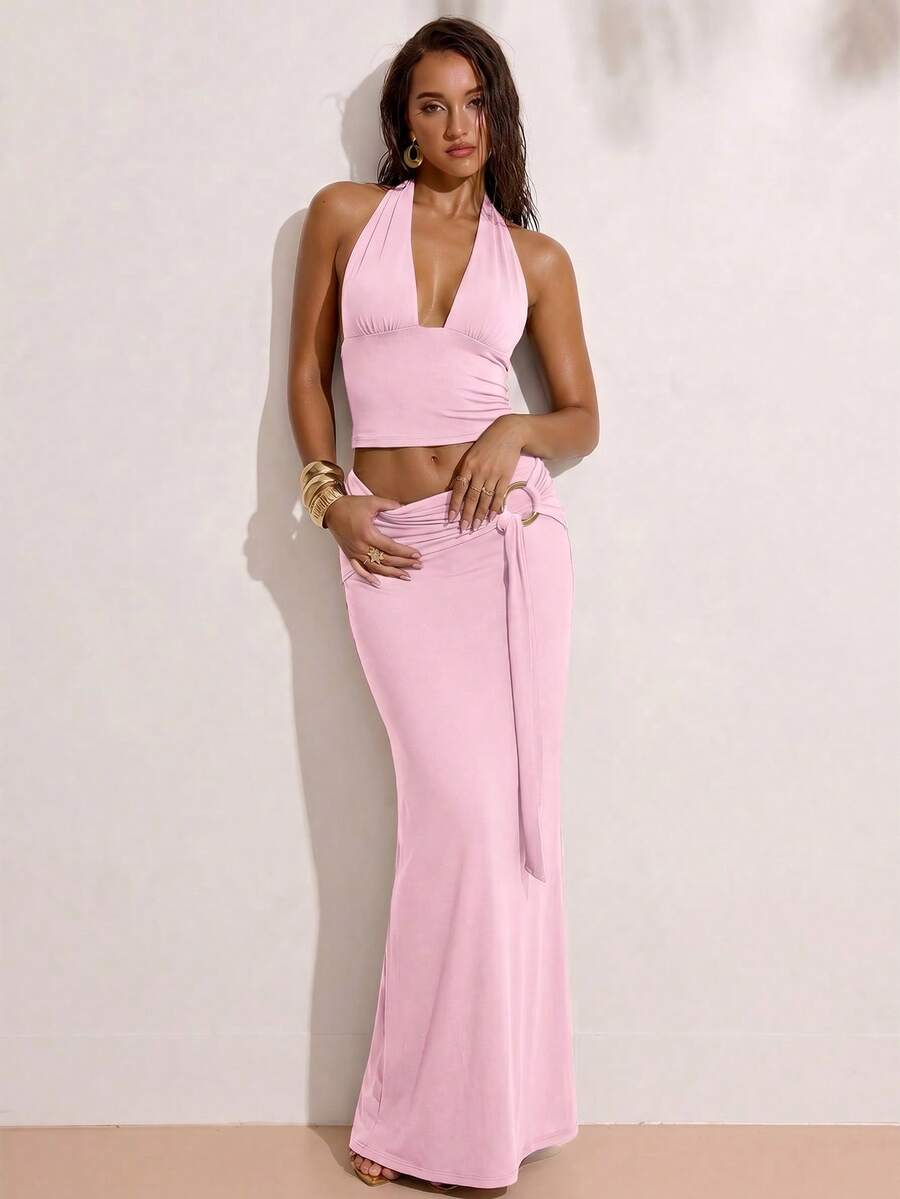 SHEIN BAE 2pcs/Set Women's Light Pink Halter Neck Crop Top And Low Waist Circle Ring Decor Maxi Skirt,Summer Casual Holiday Vacation Holiday Beach Party Set - Coral Pink - View 1