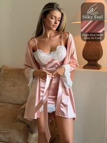 Livesso Conjunto de pijama de camisola y bata con patchwork de encaje para mujer - Rosa - Ver 3