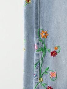 SHEIN MOD 休閒水洗花卉刺繡牛仔褲 - 藍色 - 查看 5