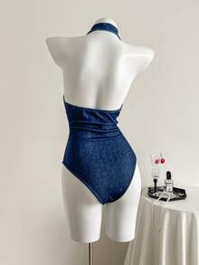 SHEIN Women's Knitted Denim Sexy Hollow-Out Jumpsuit - Blue - View 6