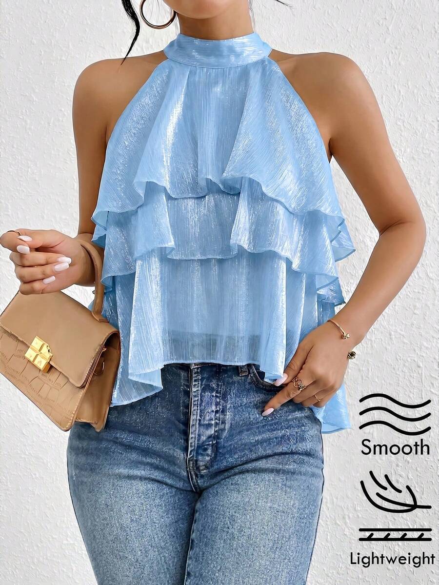 Firerie Loose Neck Ruffle Asymmetrical Chiffon Blouse,Summer Top - Blue - View 1