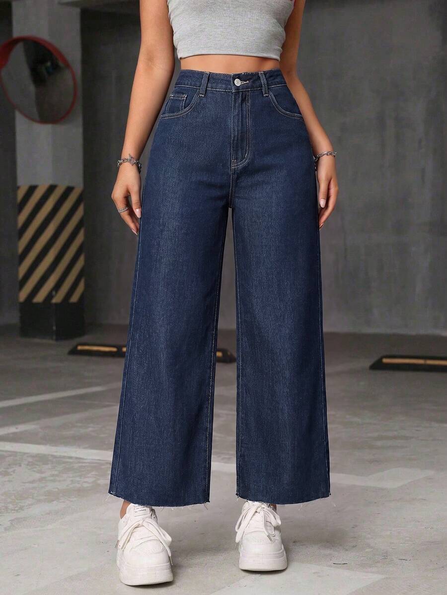 SHEIN ICON 大尺碼休閒百搭毛邊寬鬆牛仔褲 - 深色水洗藍 - 查看 1