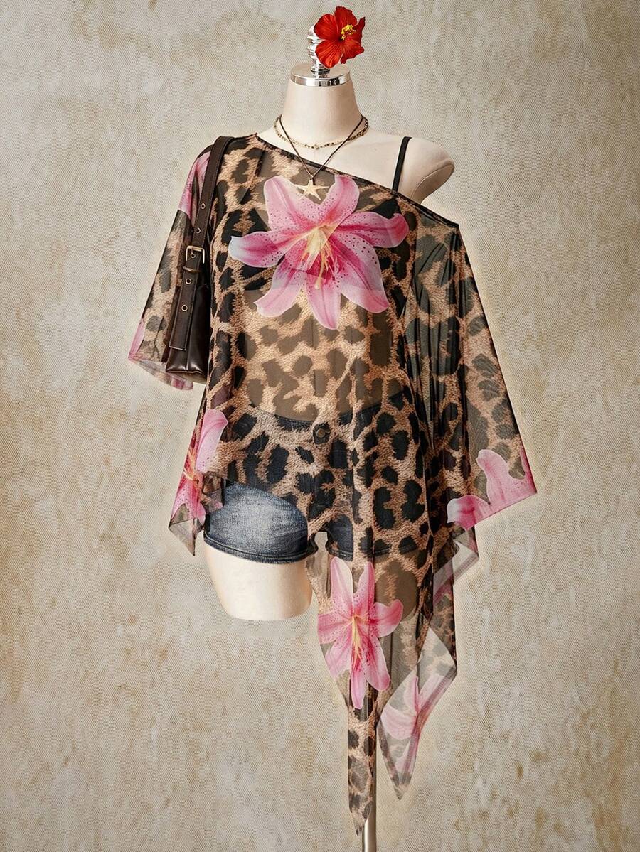SHEIN ICON 大尺碼女款花卉印花露肩休閒百搭日常穿搭上衣 - 彩色 - 查看 1