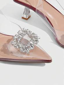 CUCCOO SZL Women's Clear Slip On Pumps Square Toe Rhinestone Transparent Heels - Scarlet - View 5