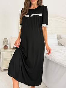 Moonlight&Mama Contrast Color Lace Patchwork Ruched Design Small Round Neck Opening Maternity Nightgown Dress - Black - View 3
