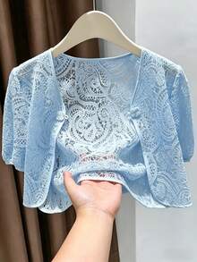 Franclia Jaket Wanita Desainer dengan Kancing Katak Berenda Lengan Pendek - Biru - View 3