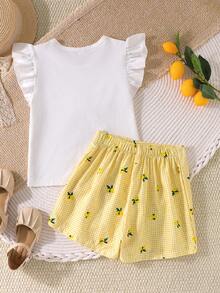 Elladie kids Girls' Lemon Print Yellow White Plaid 2-Piece Set, Round Neck Flutter Sleeve T-Shirt High Waist A-Line Skort, Casual Cute Vacation Summer Outfit - Yellow - View 3
