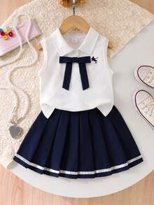 Elladie kids 2件組女孩學院風刺繡翻領無袖背心與百褶裙，附緞帶飾邊，適合夏季返校穿著 - 白色 - 查看 8
