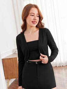 SHEIN Girlism 青少年女孩針織純色短版休閒長袖外套，春季秋季度假款 - 彩色 - 查看 6