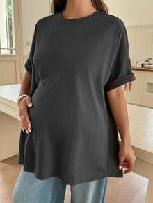 Dazy Maternity Solid Color Patchwork Back Button Design Front Short Back Long Spring Summer Short Sleeve Maternity T-Shirt - Dark Grey - View 3