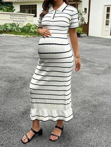 Dazy Maternity Colorblock Patchwork Fitted Bodycon Long Short Sleeve Spring Summer Early Autumn Elegant Casual Maternity Sweater Dress - White - View 1