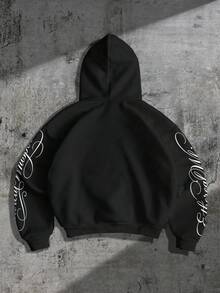 ROMWE MEN Sudadera con capucha con estampado de ángel para hombre - Negro - Ver 2