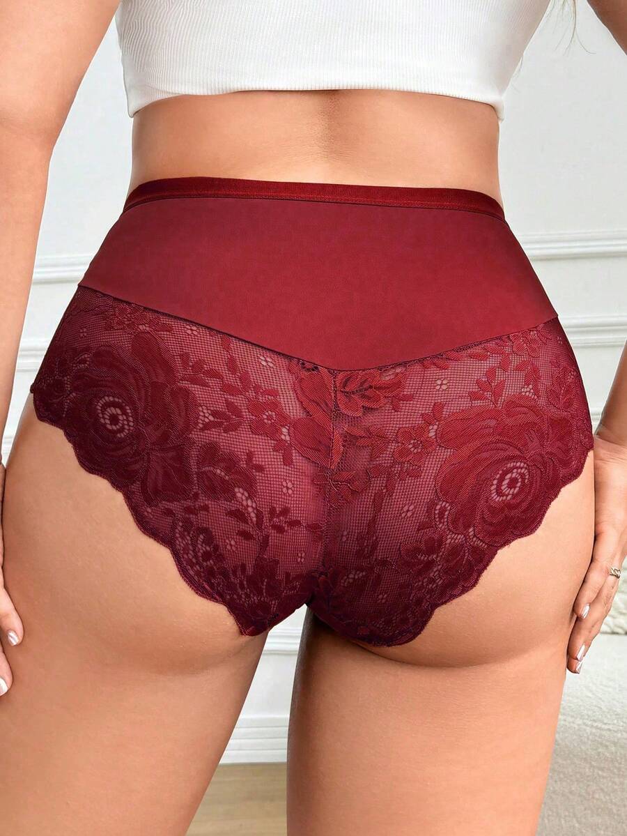 SHEIN 1 件大码女式蕾丝边比基尼内裤 - 玫瑰紅 - 查看 1