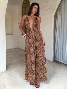 Aloruh Women's Summer New Bohemian Dress, Sexy Elegant Romantic Dress, Brown Dress, Metal Buckle Decor, Women's Vacation Wear, Women's Beach Wear, Women's Cover-Up Dress - Multicolor - View 5