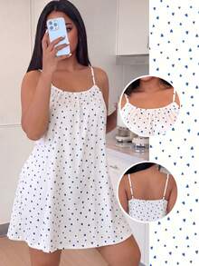 ZzzCrew Plus Size Blue Heart Print Sexy Spaghetti Strap Nightgown - White - View 1