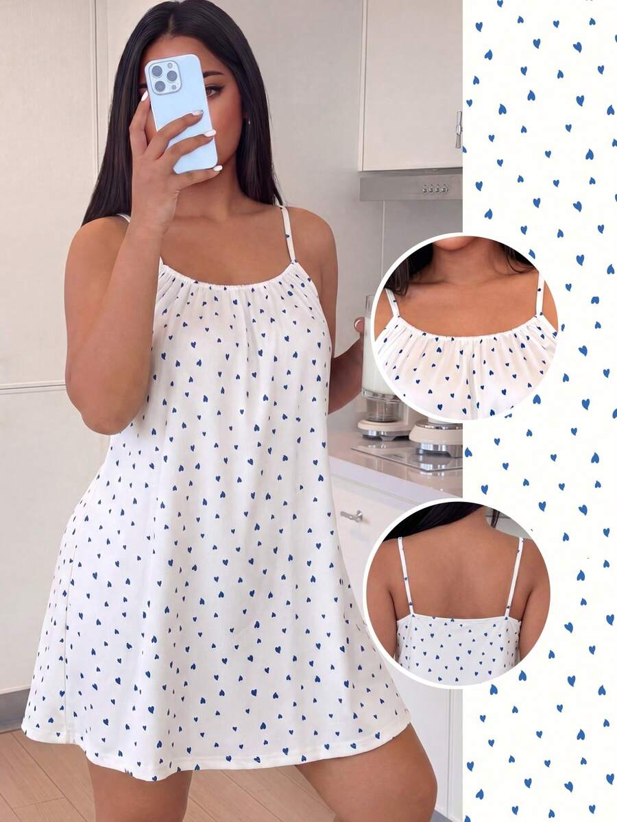 ZzzCrew Plus Size Blue Heart Print Sexy Spaghetti Strap Nightgown - White - View 1