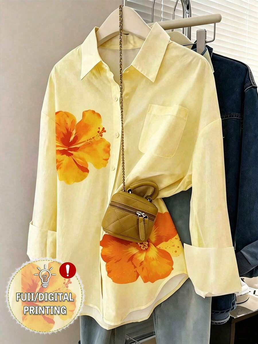 Franclia Women's Vacation Floral Print Front Button Pocket Long Sleeve Shirt - Multicolor - View 1