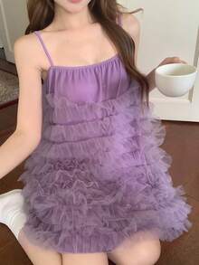 DAZY 女款夏季優雅多層網紗細肩帶睡裙睡衣 - 淡紫色 - 查看 5