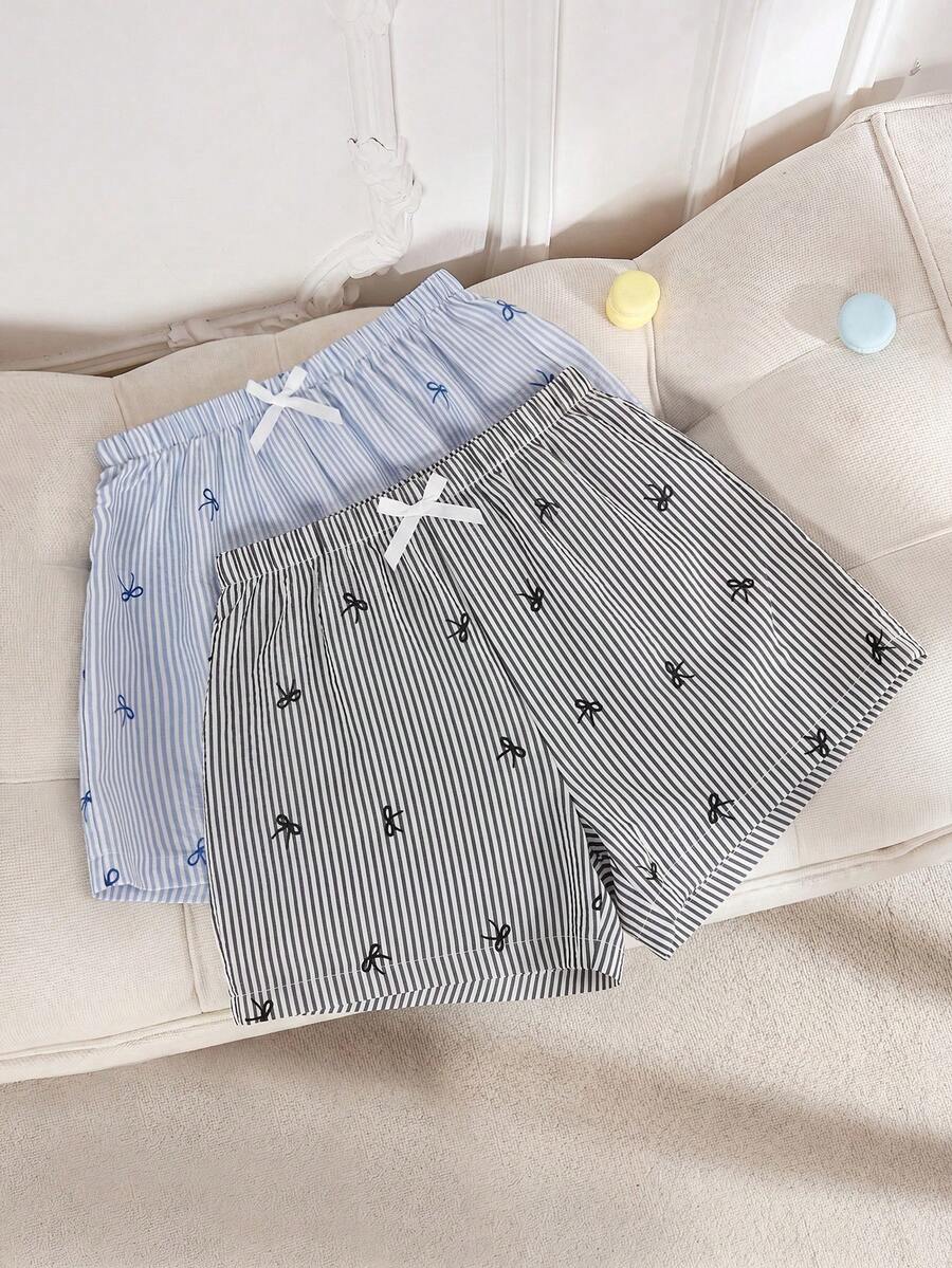 Snug Zone 2pcs Bow Print Striped Pajama Pants Set - Multicolor - View 1