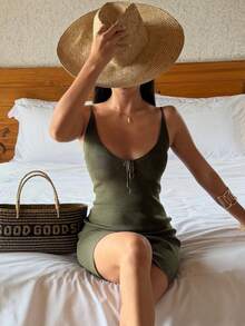 DAZY 女款純色修身細肩帶睡裙 夏季 - 綠色 - 查看 8