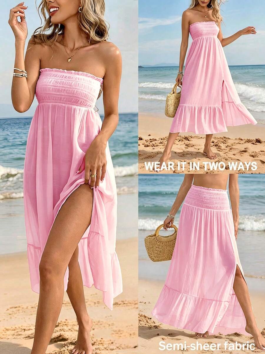 Swim Vcay Women's Sweet Vacation Style Shirred Hem Slit Cover-Up Dress - Pink - View 1