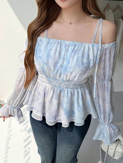 Bijouette Plus Size Women's Fashion Casual Romantic Vacation Cherry Blossom Season Last Train Limited Blue Floral Print Shoulder Chiffon Blouse, Off-Shoulder Puff Sleeve + Cinched Waist Ruffle Hem Design, Shoulder Bow Tie Style, Fashionable Elegant Romantic, Women's Shoulder Top, Plus Size Women's Blue Top & Plus Size Women's White Top