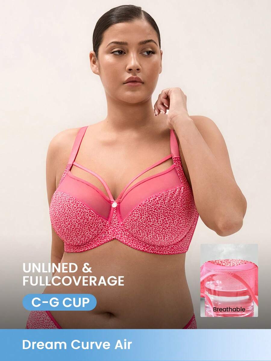 LUVLETTE Plus Dream Curve Air Pink Cheetah Print&Colorful Leopard Pattern Sheer Unlined Full Coverage Side Support Mesh Minimizer Bra - Red - View 1