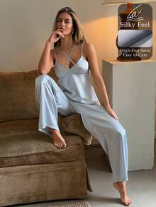 DAZY 2件組女款蕾絲拼接純色V領寬鬆緞面長袖褲裝睡衣套裝，秋冬款 - 淺灰色 - 查看 4