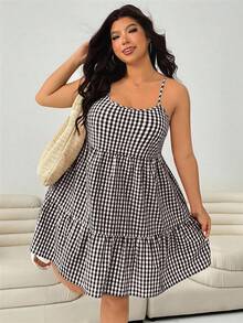 Solflare Gaun Camisole Wanita Ukuran Plus Motif Kotak-kotak Prancis Manis dengan Hem Berumbai - Coklat - View 7